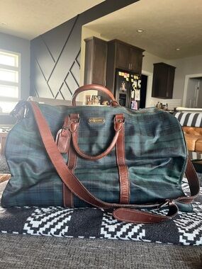 Polo Ralph Lauren Leather-Trim Green Plaid Weekender Bag